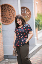 Load image into Gallery viewer, plus size black and red heart print v neck satin blouse with peplum