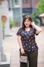 Load image into Gallery viewer, plus size black and red heart print v neck satin blouse with peplum