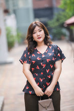 Load image into Gallery viewer, plus size black and red heart print v neck satin blouse with peplum