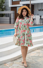 Load image into Gallery viewer, plus size green and pink floral print baby doll dress