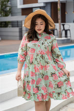Load image into Gallery viewer, plus size green and pink floral print baby doll dress