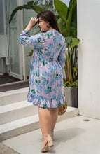 Load image into Gallery viewer, back view of plus size purple and blue floral baby doll dress