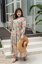 Load image into Gallery viewer, plus size green and pink floral maxi dress