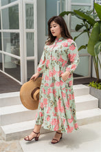 Load image into Gallery viewer, plus size green and pink floral maxi dress