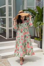 Load image into Gallery viewer, plus size green and pink floral maxi dress