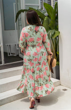 Load image into Gallery viewer, back view of plus size green and pink floral maxi dress