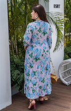 Load image into Gallery viewer, back view of plus size purple and blue floral maxi dress