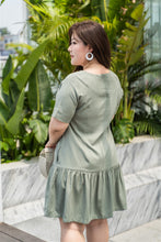 Load image into Gallery viewer, back view of plus size green drop waist dress
