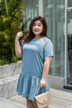 Load image into Gallery viewer, plus size blue drop waist dress with lace detail