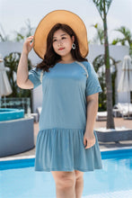 Load image into Gallery viewer, plus size blue drop waist dress with lace detail