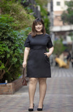 Load image into Gallery viewer, plus size black a-line work dress with button details