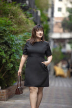 Load image into Gallery viewer, plus size black a-line work dress with button details