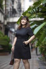 Load image into Gallery viewer, plus size black a-line work dress with button details