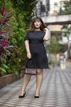Load image into Gallery viewer, plus size black a-line work dress with button details
