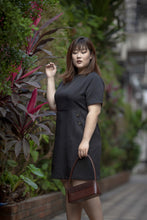 Load image into Gallery viewer, plus size black a-line work dress with button details