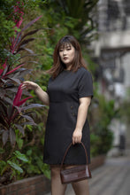 Load image into Gallery viewer, plus size black a-line work dress with button details