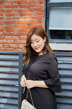 Load image into Gallery viewer, plus size black a-line bell sleeve dress with lace detail