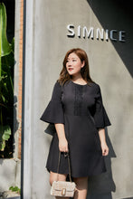 Load image into Gallery viewer, plus size black a-line bell sleeve dress with lace detail