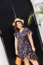 Load image into Gallery viewer, Plus size black floral print faux wrap dress with ruffles