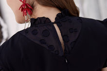Load image into Gallery viewer, Close up back view of plus size black ruffle neck and sleeve shift dress