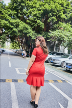 Load image into Gallery viewer, Back view of plus size red mermaid tail dress with pleated v-neck