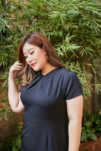 Load image into Gallery viewer, plus size black dress with pleated neck details

