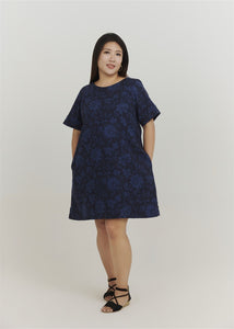 Mori Yarn-Dyed Jacquard Shift Dress in Blue