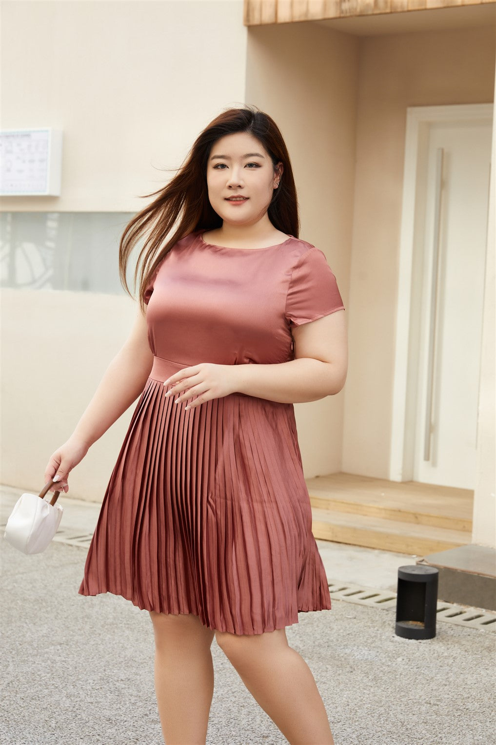 Paige Pleated Dress in Rose Gold