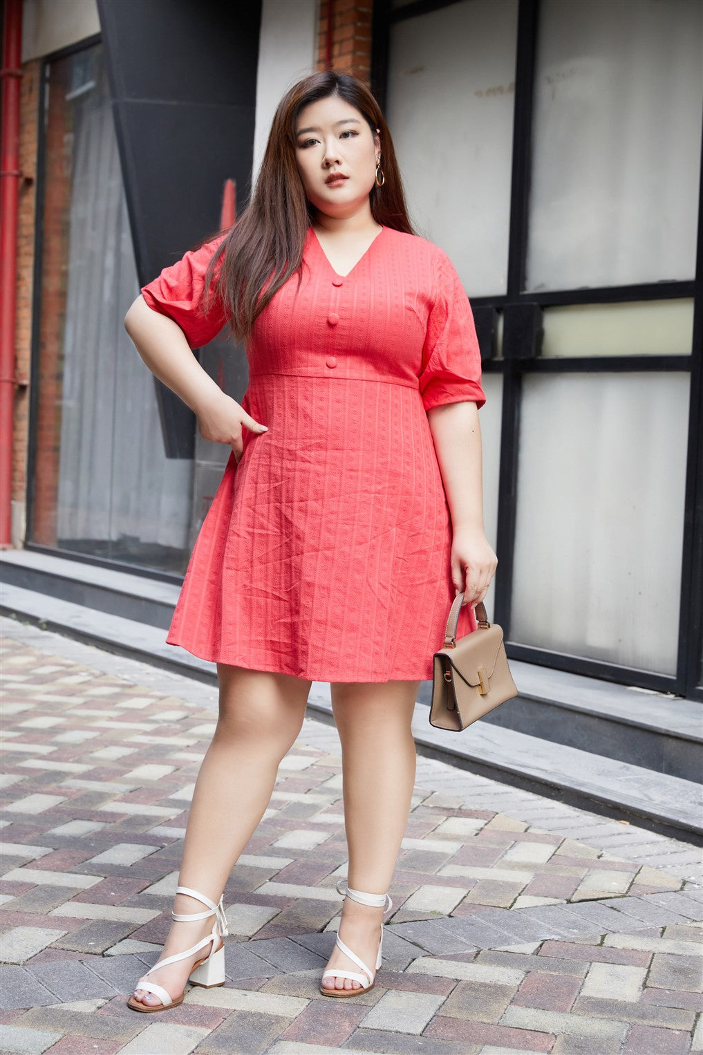 Gina Pleated Sleeve Dress in Rose Red