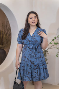 Hepburn Flounce Tea Dress in Dusty Blue
