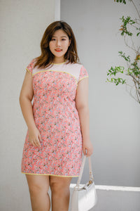 plus size pink floral modern cheongsam qipao inspired shift dress with yellow piping