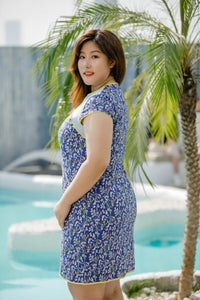 side view of plus size blue floral modern cheongsam qipao inspired shift dress with yellow piping