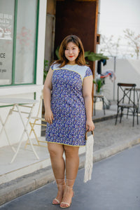 plus size blue floral modern cheongsam qipao inspired shift dress with yellow piping