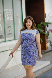 plus size blue floral modern cheongsam qipao inspired shift dress with yellow piping