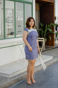 plus size blue floral modern cheongsam qipao inspired shift dress with yellow piping