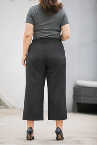 back view of plus size black wide legged crop trousers