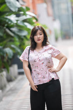 Load image into Gallery viewer, plus size pink heart print satin v neck top with peplum
