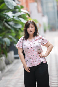 plus size pink heart print satin v neck top with peplum