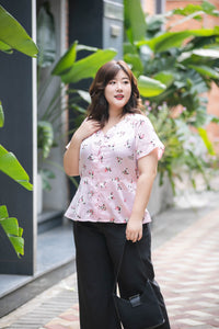plus size pink heart print satin v neck top with peplum
