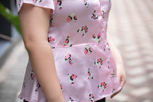Load image into Gallery viewer, close up of plus size pink heart print satin v neck top with peplum

