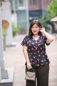 plus size black and red heart print v neck satin blouse with peplum