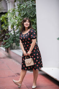plus size black and red heart print satin midi dress with puff sleeves