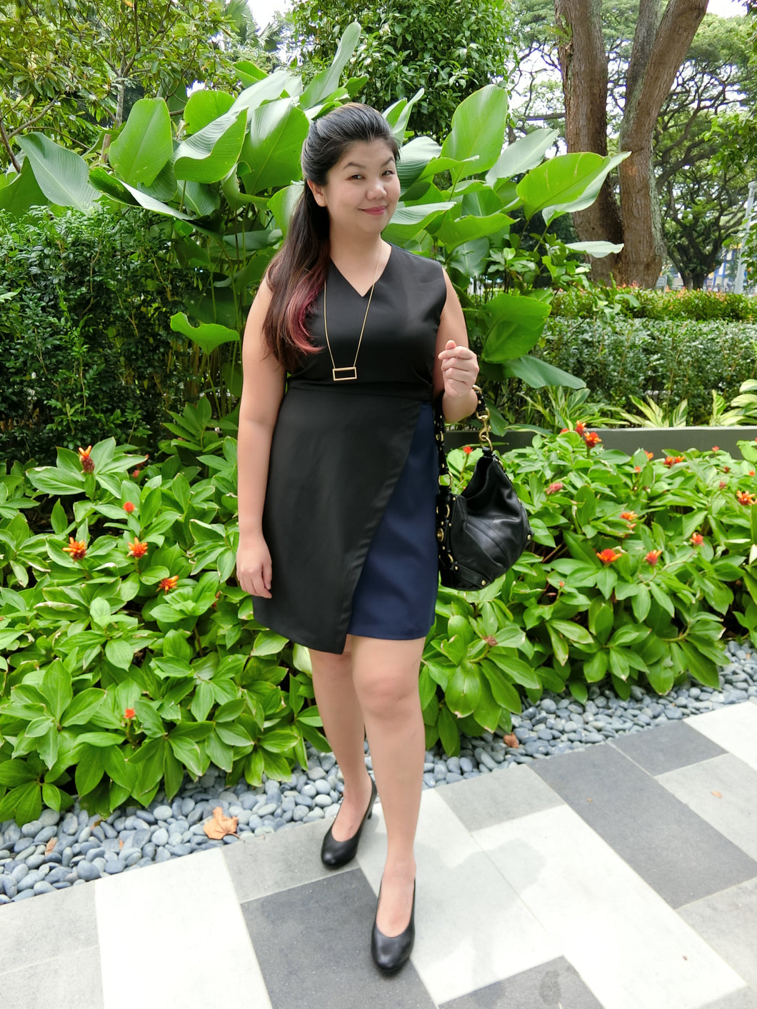 Alexa Asymetric Colour Block Dress in Black & Navy