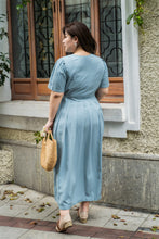 Load image into Gallery viewer, back view of plus size blue maxi dress with side ties
