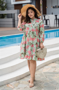 plus size green and pink floral print baby doll dress