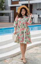 Load image into Gallery viewer, plus size green and pink floral print baby doll dress

