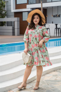 plus size green and pink floral print baby doll dress