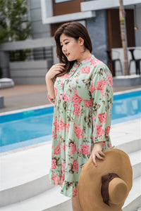 plus size green and pink floral print baby doll dress