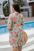 Load image into Gallery viewer, back view of plus size green and pink floral print baby doll dress
