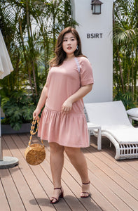 plus size pink drop waist dress with lace detail